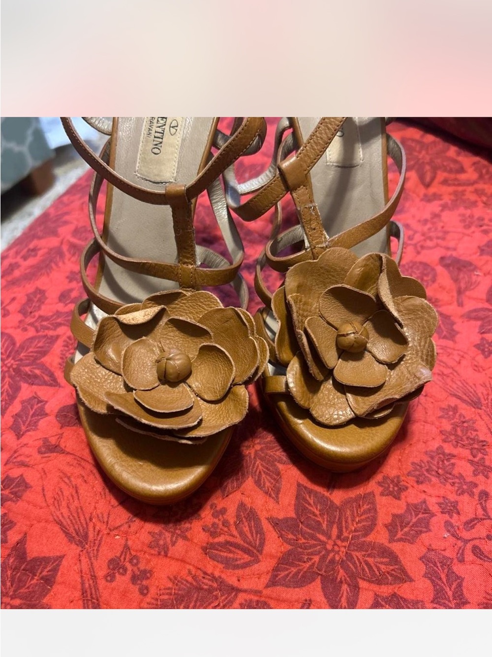Valentino Brown Leather Floral Strappy Heels